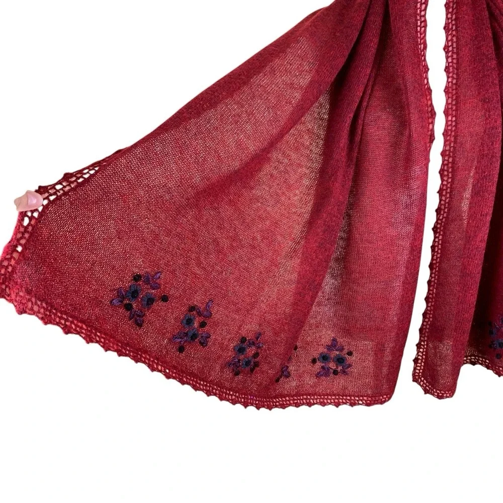 Red Knit‎ Floral Embroidered Lace Trim Shawl Wrap Boho Lightweight Scarf Mohair